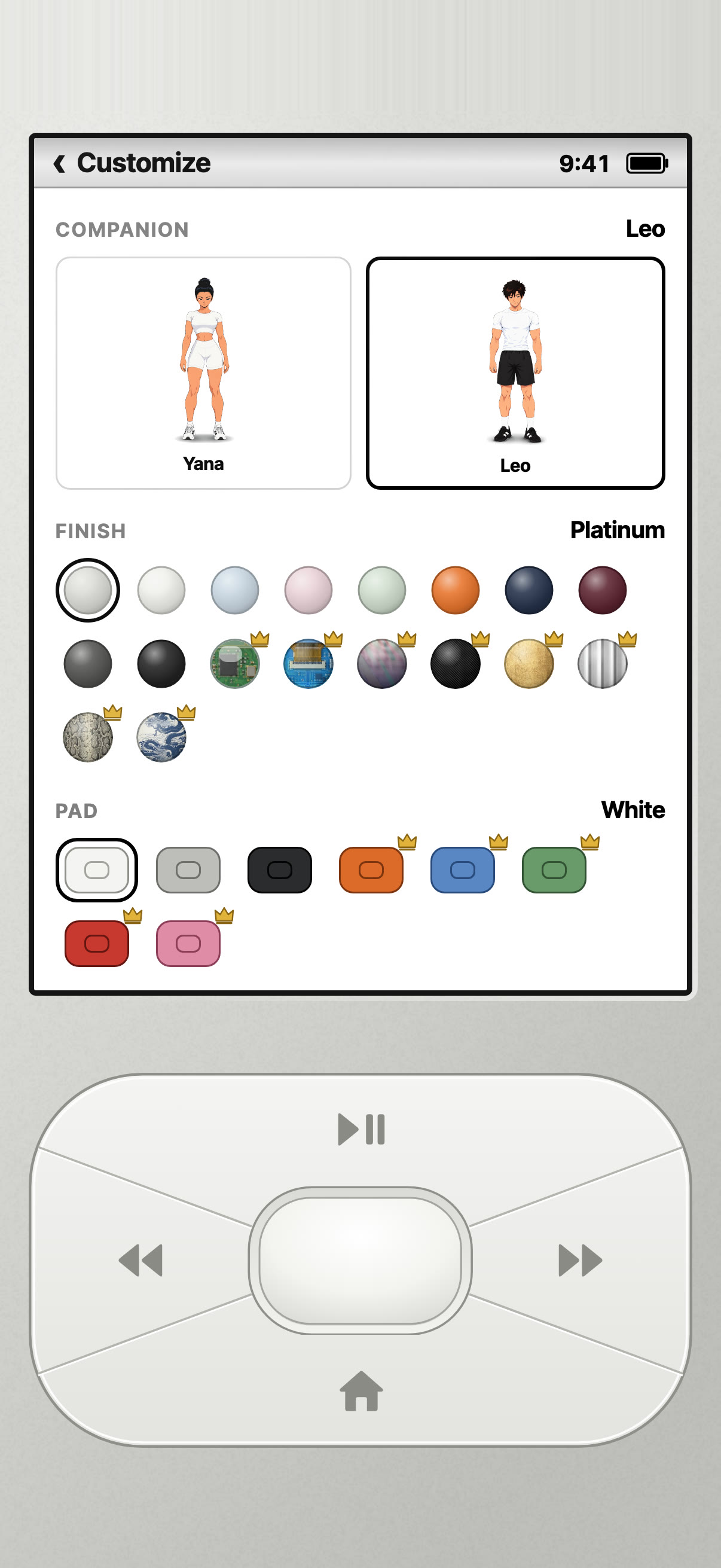 Customize screen: pick Leo or Yana, a finish, a pad and a screen.