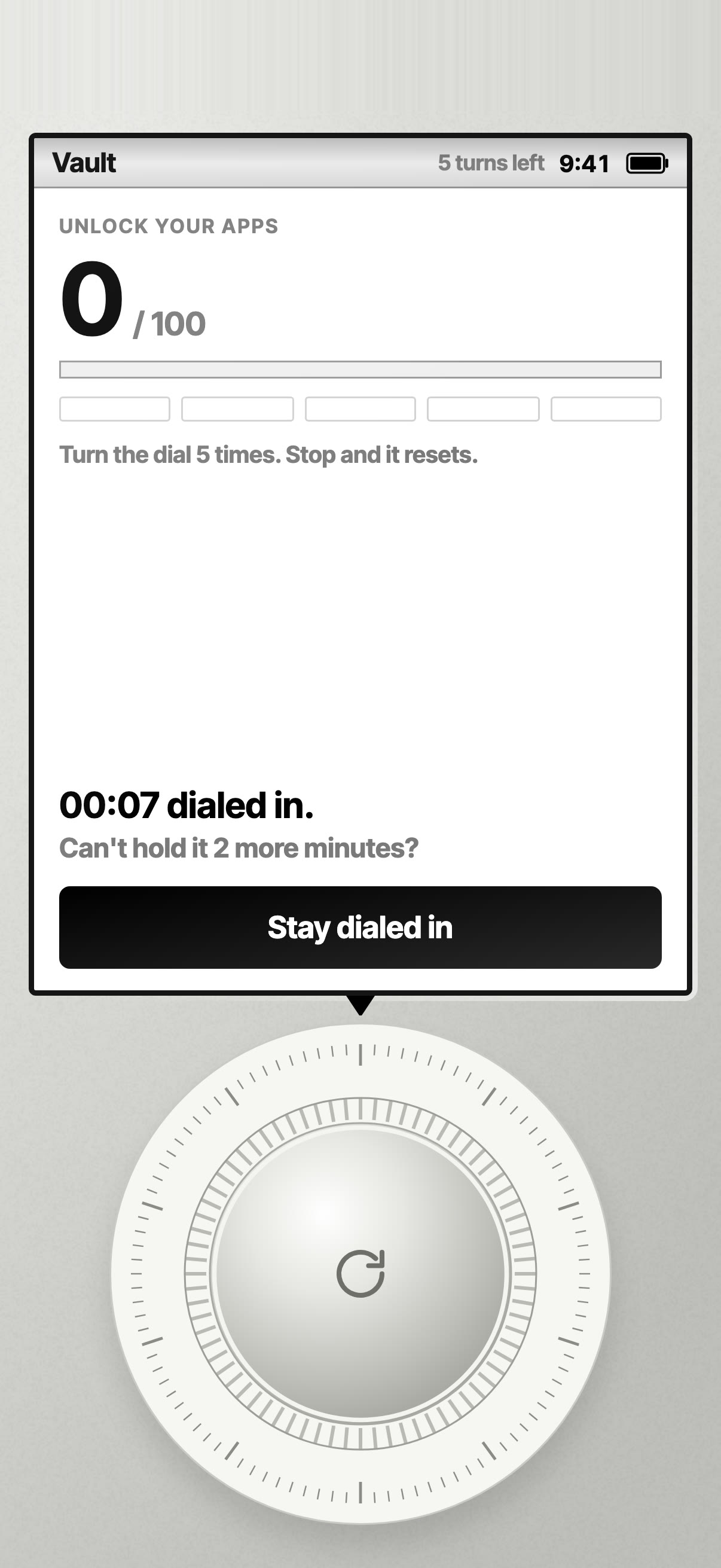 Locked apps screen: turn the dial 5 times to unlock your apps, or stay dialed in.